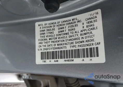 2017 Honda Civic Ex-T z USA, uszkodzony, nr VIN 2HGFC1F33HH634775